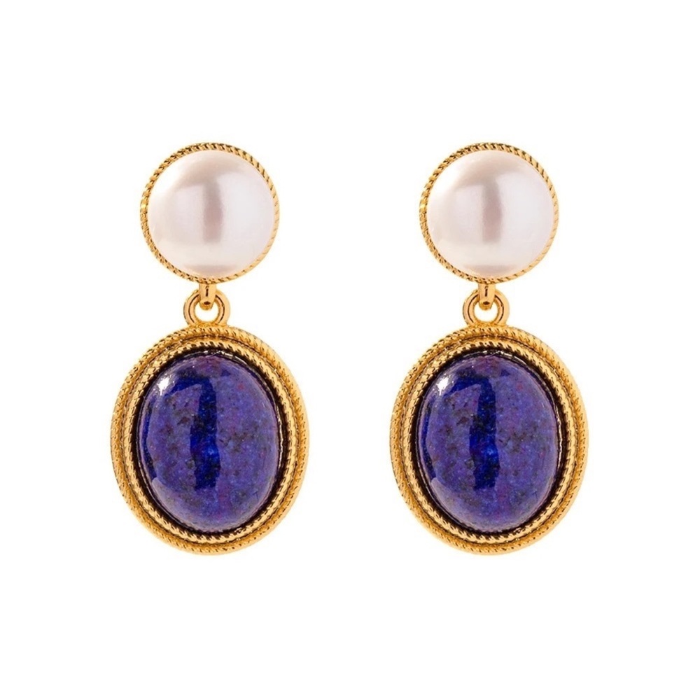 ◾️18K Gold Plated White Pearl Natural Oval
Lapis Stone Drop Earrings